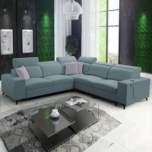 Narożnik z funkcją spania Kelly Sleek III arktyczny błękit prawostronny elegancki narożnik do salonu z dwoma pojemnikami na pościel