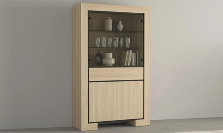 Witryna Cuba 113 cm dąb samdal stylowa witryna z szufladą do salonu elementy z bezpiecznego szkła stylowe frezowane uchwyty