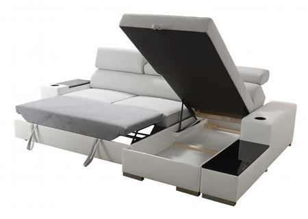 Narożnik z funkcją spania Provo siwy / biały prawostronny narożnik z pojemnikiem na pościel i funkcjonalną dostawką