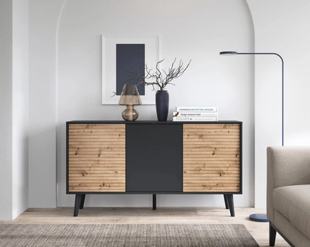 Komoda Saipan 154 cm czarny / dąb artisan nowoczesny design elegancka forma mebla w nowoczesnym stylu dekoracyjny ryflowany dekor