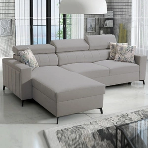 Narożnik z funkcją spania Savona szary popiel lewostronny wygodny i elegancki narożnik z regulowanymi zagłówkami dekoracyjne przeszycia