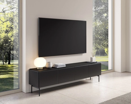 Szafka RTV Muti 195 cm czarna designerska stylistyka szafka pod telewizor osadzona na stabilnej metalowej podstawie ozdobne ryflowania