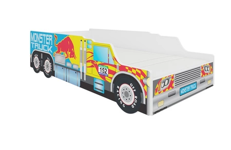Łóżko Monster Truck 70x140 cm designerskie łóżko z materacem w kształcie samochodu z ozdobnym nadrukiem wykonane z solidnych materiałów