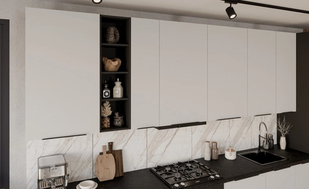 Zestaw mebli kuchennych Corato Bl 390 cm stylowe szafki kuchenne z frontami wykonanymi w technologii anti fingerprint metalowe uchwyty