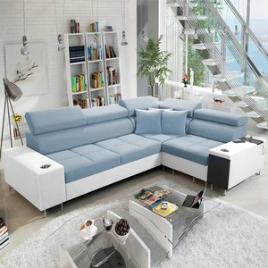 Narożnik z funkcją spania Dafni II błękitno biały prawostronny velvet narożnik z pojemnikiem na pościel szuflada z pełnym wysuwem