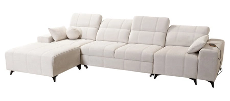 Narożnik z funkcją spania Penejos XII oliwkowy lewostronny stylowy narożnik z pojemnikami na pościel komfortowe regulowane zagłówki