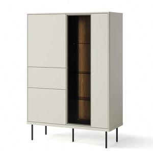 Witryna Epiro 99 cm beżowy / dąb ciemny stylowa witryna szklana z szufladą w stylu minimalistycznym z oświetleniem system push to open