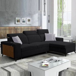 Narożnik z funkcją spania Kelly czarny prawostronny pleciony komfort i funkcjonalność bok narożnika wykończony lamelami