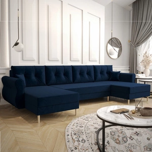 Narożnik z funkcją spania Wilkins U granatowy komfortowy narożnik miękka tkanina nowoczesny design wpisujący się w każdą aranżację