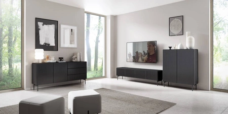 Komoda z szufladami Muti 177 cm czarna niezwykle modna komoda do salonu designerskie ryflowania nadają oryginalności metalowe nogi