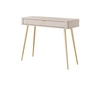 Konsola Lante beżowa z szufladą stylowa oraz funkcjonalna toaletka zaoblony kształt bryły ryflowany front złote dodatki