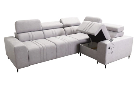 Narożnik z funkcją spania Castel II brązowy prawostronny komfortowy narożnik z regulowanymi zagłówkami pojemnik na pościel