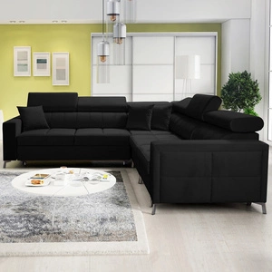 Narożnik z funkcją spania Nausa IV czarny prawostronny velvet dekoracyjne przeszycia na siedzisku narożnik z pojemnikami na pościel