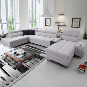 Narożnik z funkcją spania Dafni V szary popiel prawostronny pleciony wygodny i komfortowy narożnik z regulowanymi zagłówkami