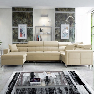 Narożnik z funkcją spania Nausa V beżowy lewostronny elegancki narożnik do salonu wykonany z miękkiej tkaniny typu velvet