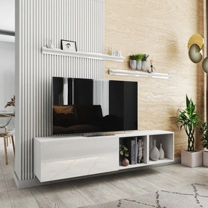 Szafka RTV wisząca Astros 172 cm biała / biały połysk z półkami minimalistyczny i elegancki design wpisujący się w każde wnętrze