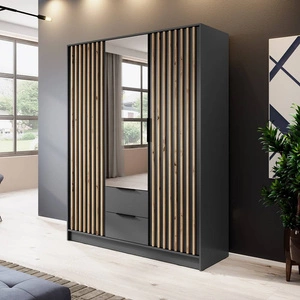 Szafa z lustrem Aspen 155 cm grafitowa / lamele w kolorze dąb artisan nowoczesny design mebla drzwi szafy ozdobione lamelami