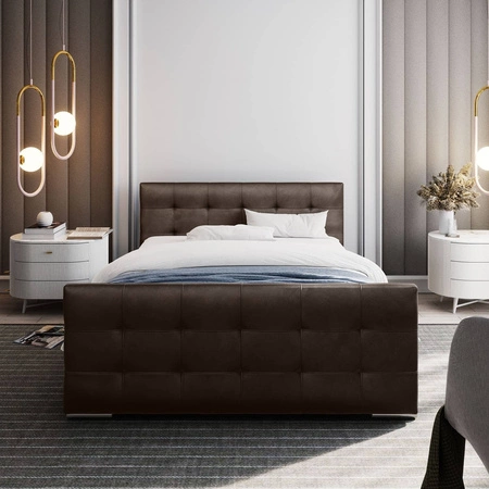 Łóżko tapicerowane Verlan 160x200 jasny brąz z pojemnikiem w nowoczesnym skandynawskim stylu z pikowanym zagłówkiem oraz zanóżkiem