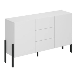 Komoda z szufladami Jukon 154 cm biała elegancka forma mebla w nowoczesnym stylu system otwierania push to open metalowe czarne nogi