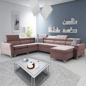 Narożnik z funkcją spania Rava VII lawendowy róż prawostronny praktyczny i nowoczesny narożnik do salonu z regulowanymi zagłówkami