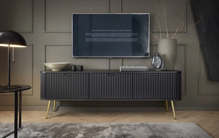 Szafka RTV Zoya 168 cm czarna nowoczesny design bryła osadzona na złotych nogach ryflowany front charakterystyczny owalny kształt