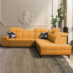 Narożnik z funkcją spania Buffalo IX żółty prawostronny stylowy narożnik do pokoju wykonany z welurowej tkaniny ozdobne poduszki