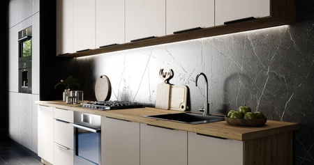 Zestaw mebli kuchennych Soela 330 cm eleganckie szafki kuchenne o subtelnej i naturalnej kolorystyce metalowe uchwyty krawędziowe