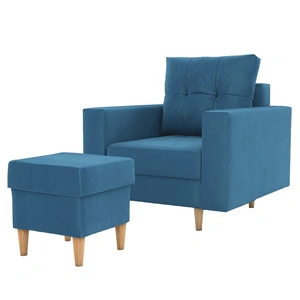 Fotel z podnóżkiem Vaso niebieski wygodny fotel do salonu w stylu skandynawskim miękkie siedzisko wysokie drewniane nogi