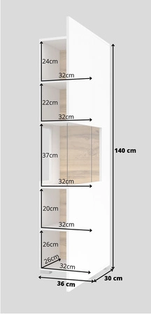 Witryna Ava 36 cm biała / dąb wotan elegancka witryna do salonu z możliwością powieszenia prosta bryła idealna do każdego wnętrza