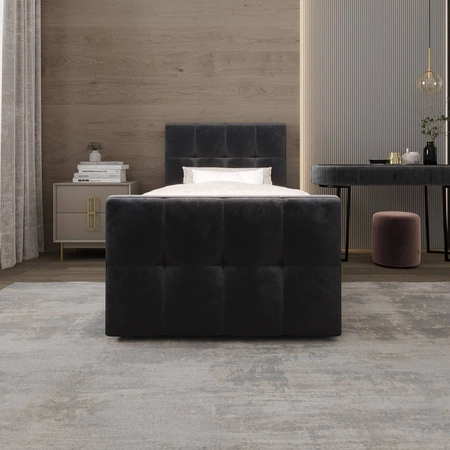 Łóżko kontynentalne Manhattan 90x200 grafitowe w nowoczesnym skandynawskim stylu z tapicerowanym zagłówkiem i zanóżkiem łóżko z pojemnikiem