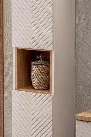 Zestaw mebli łazienkowych Viva beżowy / dąb coast evoke stylowe szafki z ciekawym frezowaniem w kształcie jodełki modna kolorystyka