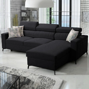 Narożnik z funkcją spania Savona czarny prawostronny wygodny i elegancki narożnik z regulowanymi zagłówkami dekoracyjne przeszycia