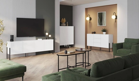 Zestaw mebli do salonu Jukon biały elegancka forma mebla w nowoczesnym stylu system otwierania push to open metalowe czarne nogi