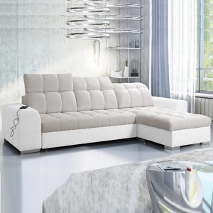 Narożnik z funkcją spania Luigi jasny beż / biały prawostronny narożnik z dwoma pojemnikami na pościel tkanina o ciekawej strukturze