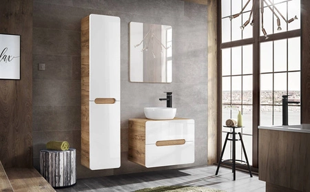 Szafka pod umywalkę nablatową Aruba 60 cm dąb craft złoty / biały połysk stylowy design szafki o zaoblonym kształcie odporna na wilgoć