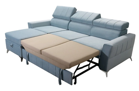 Narożnik z funkcją spania Rava brązowy lewostronny velvet komfortowy i funkcjonalny narożnik z regulowanymi zagłówkami