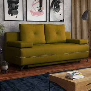 Kanapa z funkcją spania Austin musztardowa nowoczesna tkanina pluszowa gwarantuje najwyższy komfort i funkcjonalność
