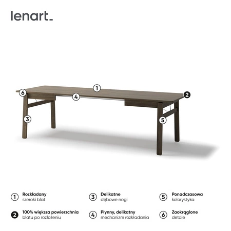 Stół rozkładany Plot 85x149-269 cm dąb ciemny estetyczny i praktyczny stół do jadalni uniwersalny styl dopasuje się do każdego wnętrza
