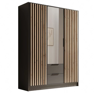 Szafa z lustrem Neri 150 cm czarna stylowe lamele zdobiące drzwi szafy pojemne szuflady uchwyty krawędziowe