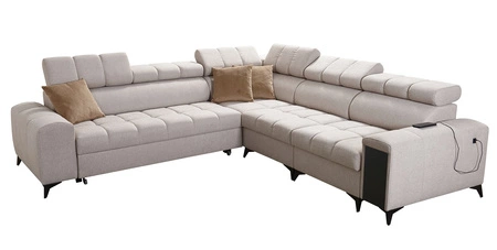 Narożnik z funkcją spania Bolmso III beżowy prawostronny narożnik z pojemnikami na pościel szuflada z pełnym wysuwem w boczku mebla