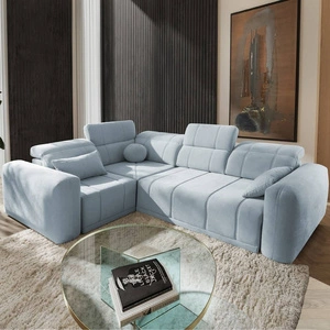 Narożnik z funkcją spania Cetara II błękitny lewostronny stylowy design przesuwane oparcia regulowane zagłówki i pojemnik na pościel