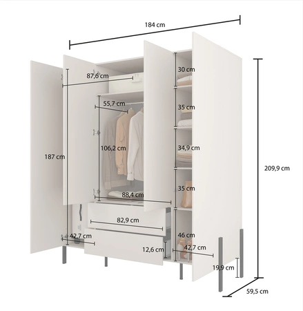 Szafa Jukon S 184 cm beżowa gustowna forma mebla w nowoczesnym stylu system otwierania push to open metalowe czarne nogi pojemne szuflady