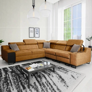 Narożnik z funkcją spania Alcamo III miodowy prawostronny funkcjonalny i stylowy narożnik z szufladą w boczku dwa pojemniki na pościel