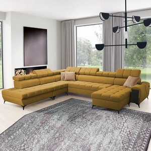 Narożnik z funkcją spania Bolmso X musztardowy prawostronny wygodny narożnik do salonu z regulowanymi zagłówkami dekoracyjne pikowania