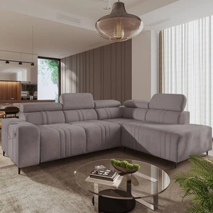 Narożnik z funkcją spania Castel VII szary brąz prawostronny stylowy narożnik z pojemnikiem na pościel i regulowanymi zagłówkami