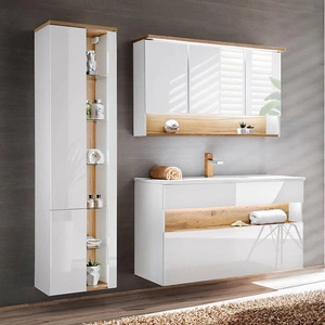 Zestaw mebli łazienkowych Bahama biały połysk / dąb wotan nowoczesne szafki wiszące do łazienki wzbogacone o oświetlenie LED