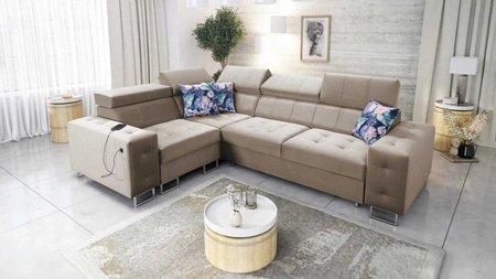 Narożnik z funkcją spania Hampton II beżowy lewostronny stylowy narożnik rozkładany miękka tkanina obiciowa typu velvet