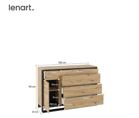Komoda z szufladami Quant 130 cm dąb artisan / czarny nowoczesny design komoda z oświetleniem LED i frontami w ciekawej konfiguracji