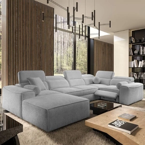 Narożnik z funkcją spania Viano IV Lux jasny szary lewostronny designerski narożnik z wysuwanym podnóżkiem duży pojemnik na pościel