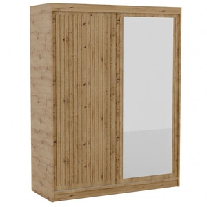 Szafa przesuwna z lustrem Delia 160 cm dąb artisan stylowa szafa z ozdobnymi lamelami w kolorze drewna wpasuje się do każdej aranżacji